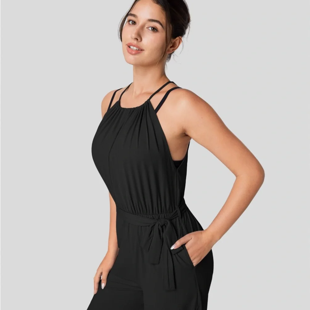 Sleeveless Tie Back Plicated Belted Side Pocket Cool Touch Jumpsuit-UPF50+ - Picture 7 of 8